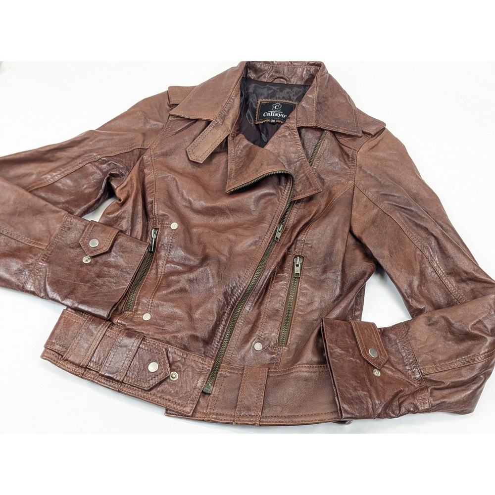 Calisyo Lambskin Leather‎ Moto Jacket Coat Brown Asymmetrical Zip Size Small 38